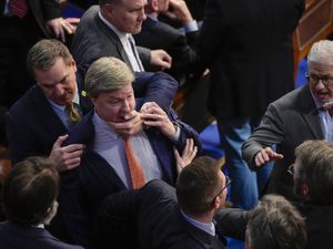 Mike Rogers restrained in angry confrontation with Matt Gaetz over speaker vote